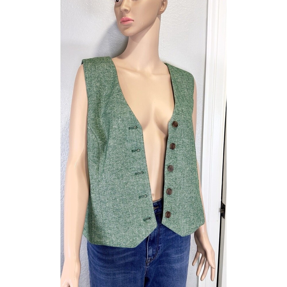 Crew Women’s 16 Green Herringbone Wool Blend Button Front Lined Vest Waistcoat - Picture 2 of 10